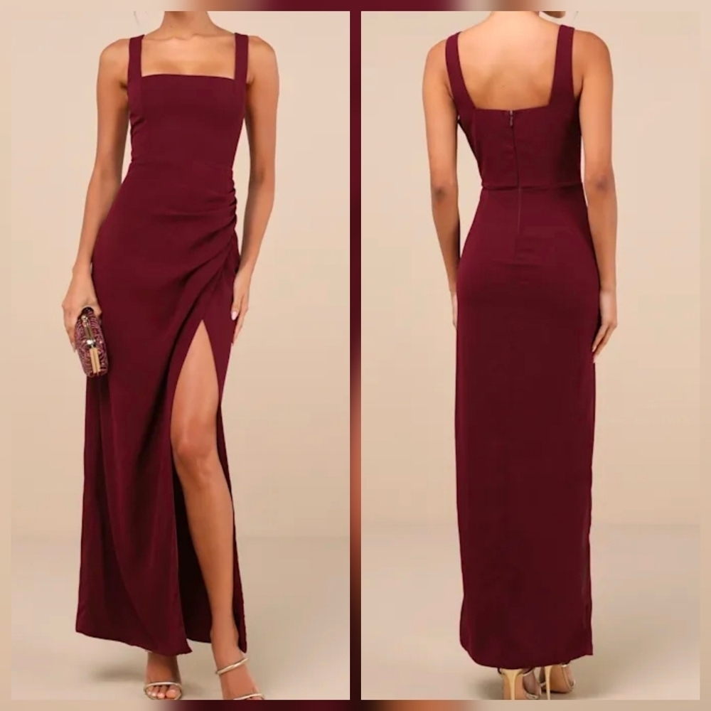 Lulus Glamorous Disposition Medium Burgundy Ruched Maxi Dress, Size Medium